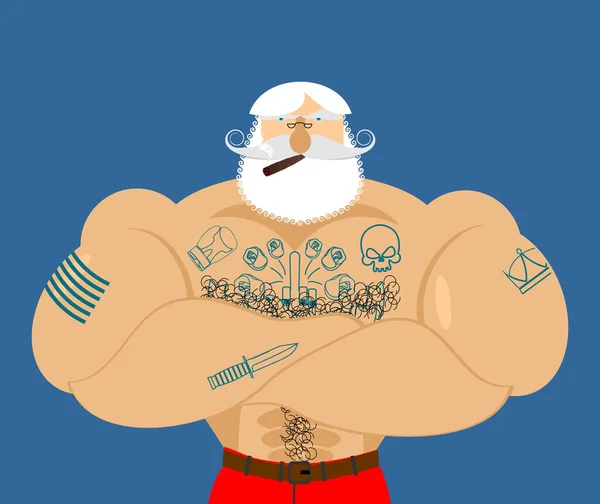 Hipster Pai Natal com tatuagens. Homem forte com barba e bigode . — Vetor de Stock