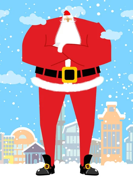 Santa Claus in city. Christmas in town. Snow and buildings. New — Stock Vector