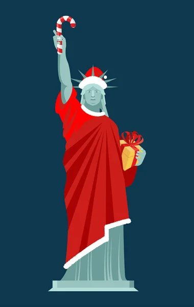 Estatua de la Libertad de Santa. Caña de caramelo y caja de regalo. Monumento en su — Vector de stock