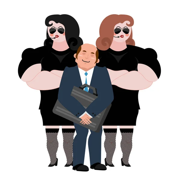 Businessman with wooman bodyguards. VIP protection. Black suit a — Stock Vector