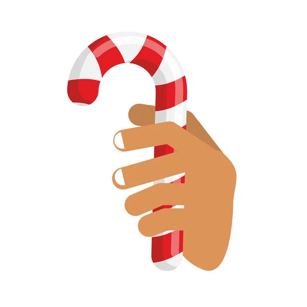 손 고 사탕 지팡이입니다. 크리스마스 박하 사탕을 들고 팔. — 스톡 벡터