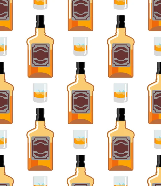 Şişe viski seamless modeli. Bardak viski ve buz ornamen — Stok Vektör