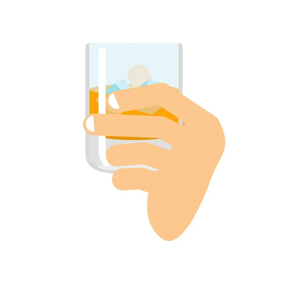 Hand holding whiskey and ice. Fingers and glass of scotch. Drink — Stock Vector
