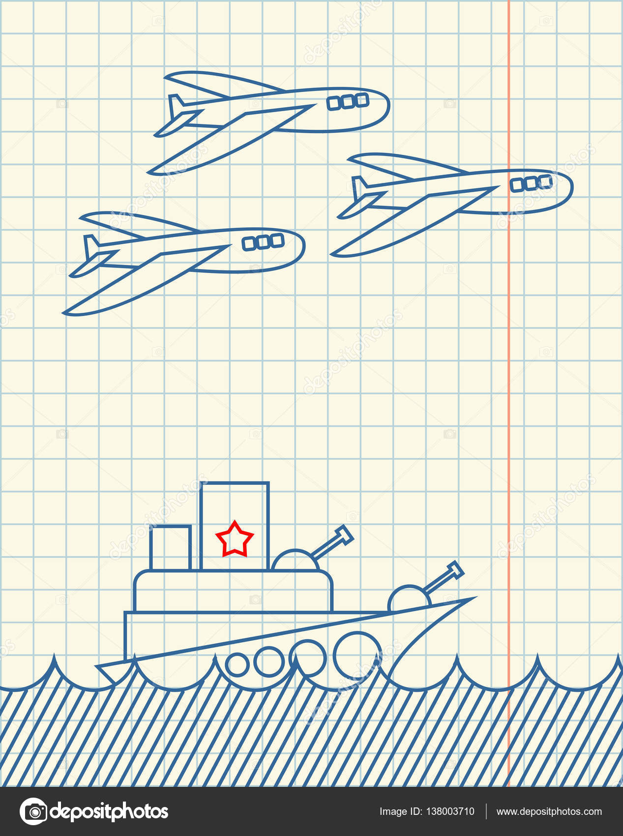 Nave da guerra e aerei militari mano disegno nel documento del taccuino 23 febbraio Cartolina d auguri Vacanza di esercito in Russia