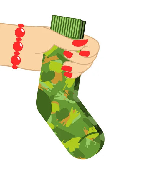 23 de febrero. Mano femenina para dar calcetines. Regalo tradicional para mil — Vector de stock