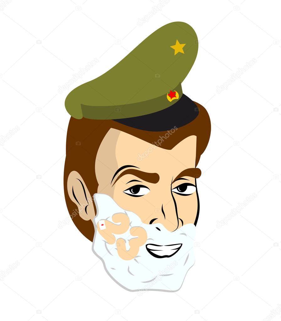 February 23. Soldier shave. Shaving foam on his face. Military h