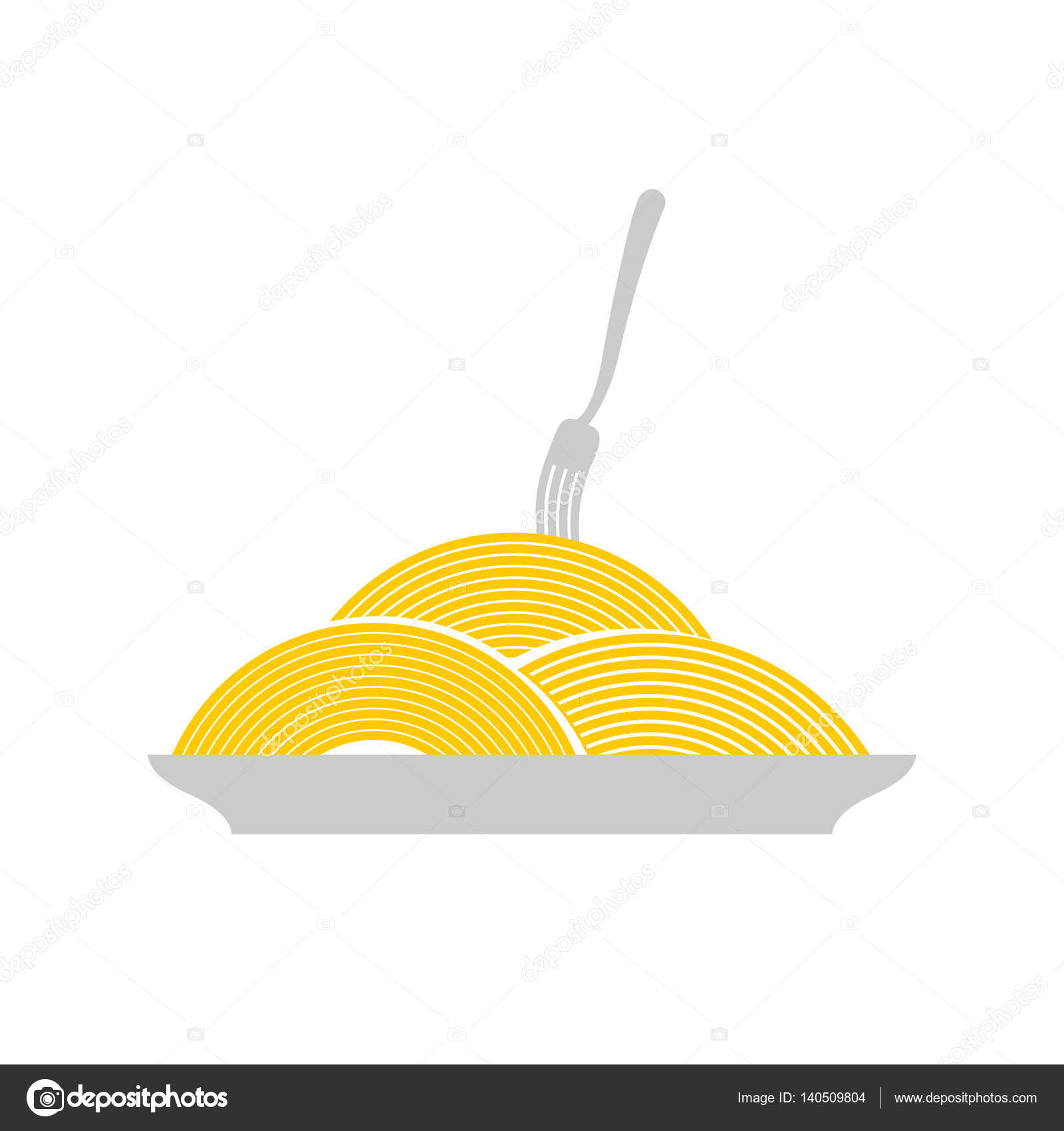 Паста В Тарелке И Вилка Изолированы. Знак "Spaghetti Food.