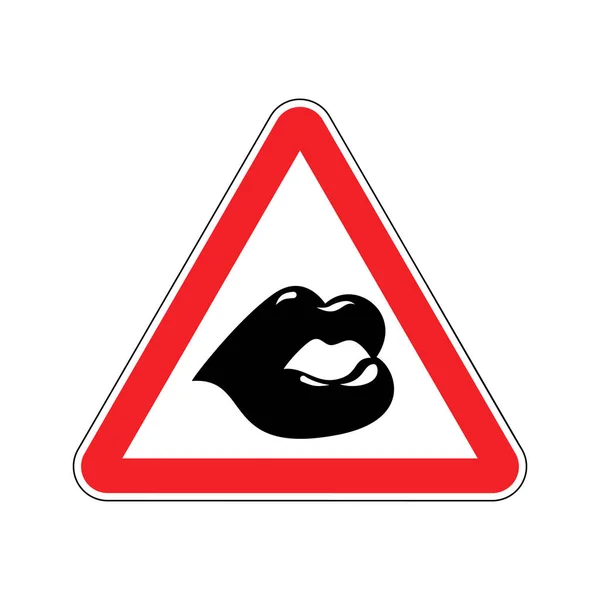 注意キス。赤い三角形の唇。注意の道路標識 — ストックベクタ