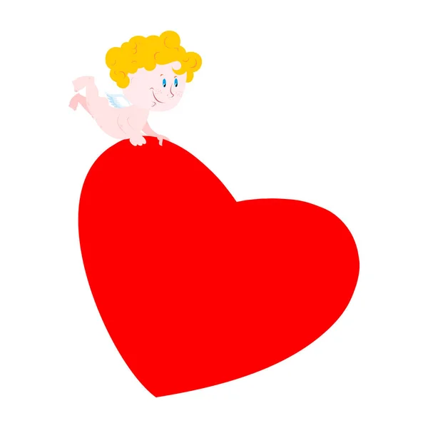 Cupido e cuore. Un angioletto carino porta l'amore. Illustrazione — Vettoriale Stock