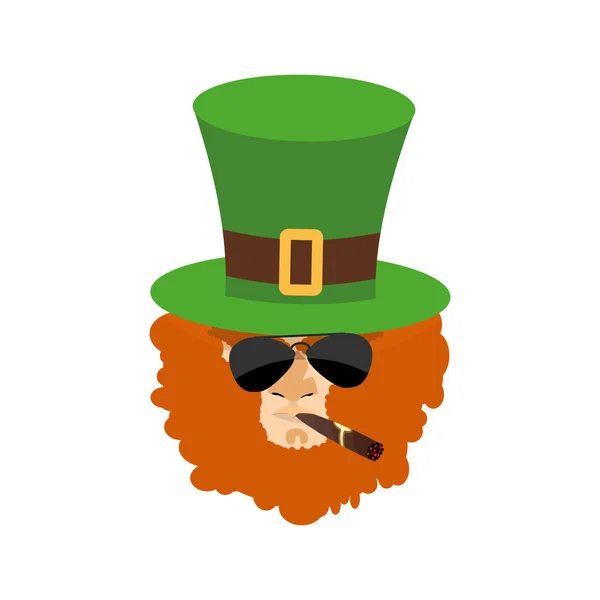 Leprechaun in green hat face. Head with Red beard. Portrait for — Stock Vector