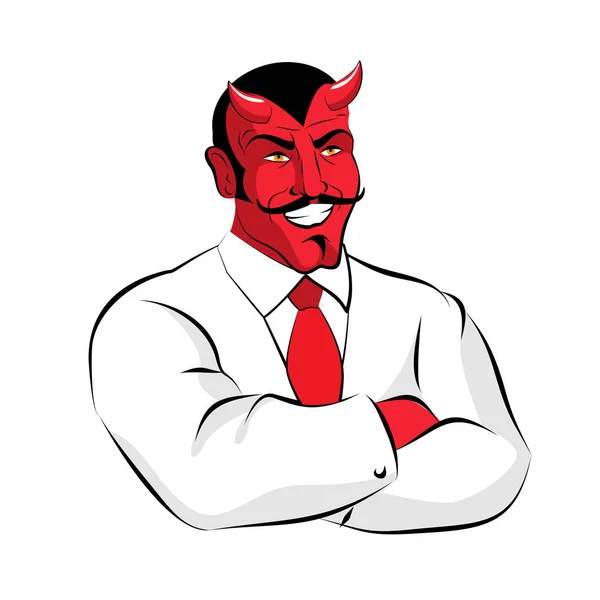 Chef Satan. Homme d'affaires diabolique en costume blanc. Démon rouge avec corne — Image vectorielle