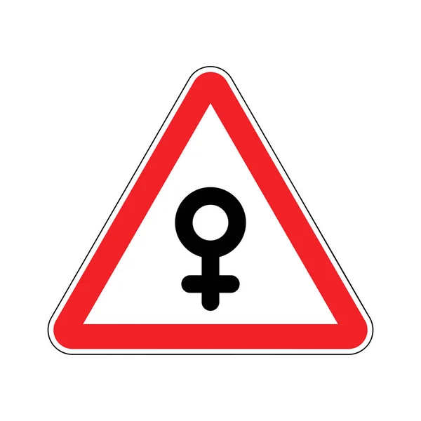 Увага жінка. Жіночий знак на червоному трикутнику. дорожній знак Обережність — стоковий вектор