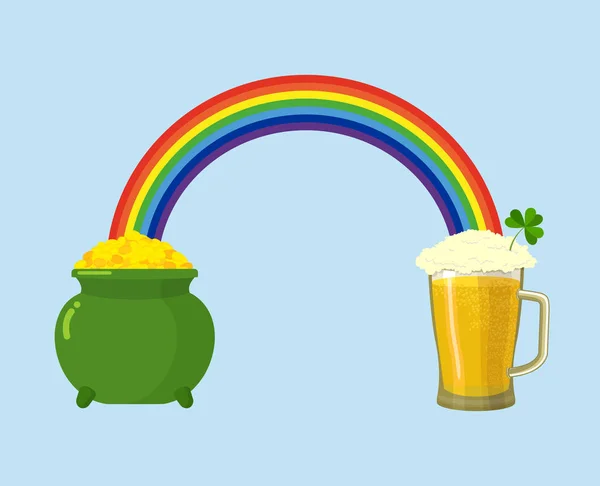 Pot of gold and mug beer. Treasures leprechaun and rainbow. St. — Stock Vector