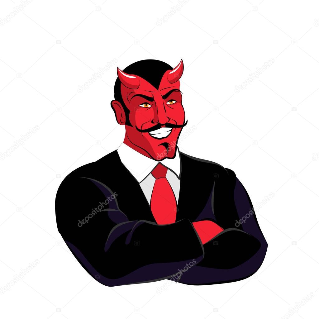 Satan boss. Devil businessman in black suit. Red demon with horn