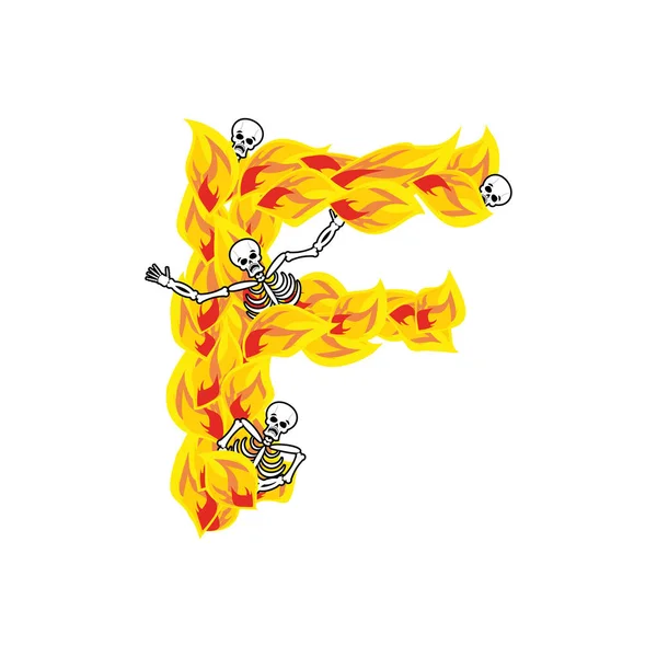Písmeno F pekelné plameny a hříšníci písmo. Ohnivé písmo. Odvodit — Stockový vektor