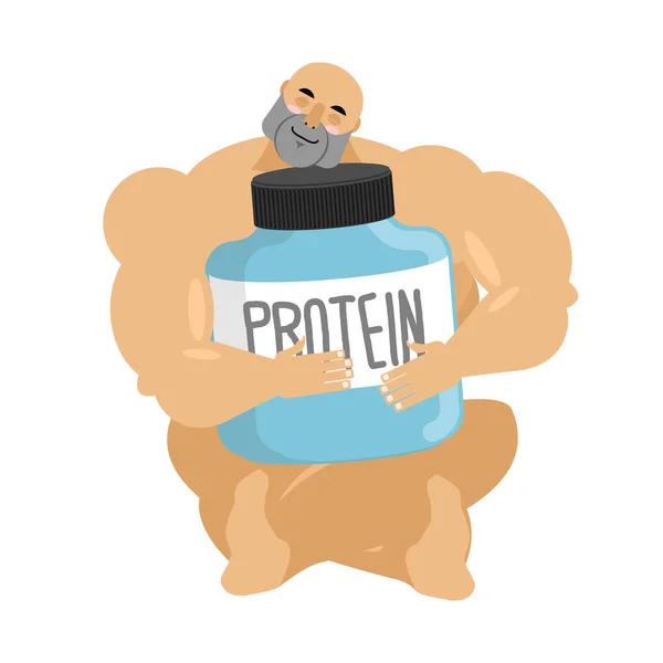 Bodybuilder and protein container. Athlete and sports nutrition — Stock Vector