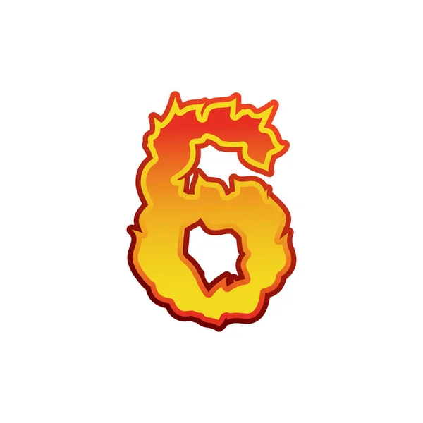 Número 6, fogo. Flames Font seis. Personagem de alfabeto de tatuagem. ardente — Vetor de Stock