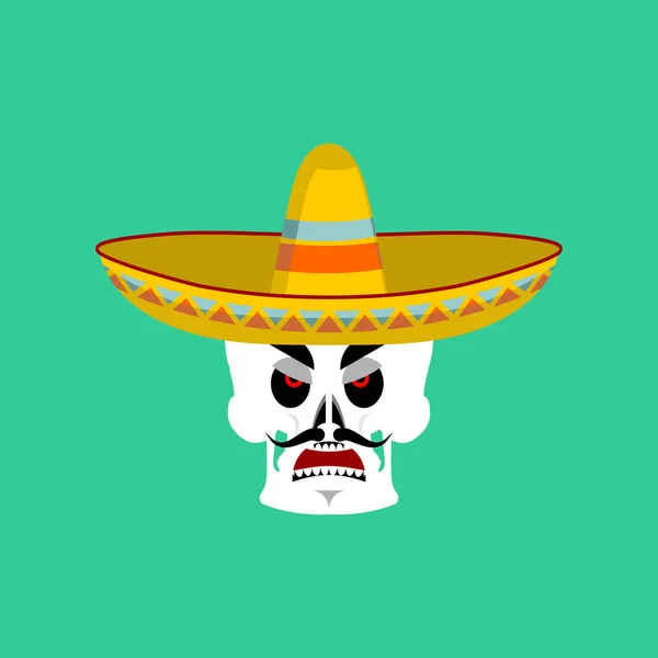 Czaszka w sombrero zły Emoji. Meksykańskimi szkielet dla tradycyjnych — Wektor stockowy