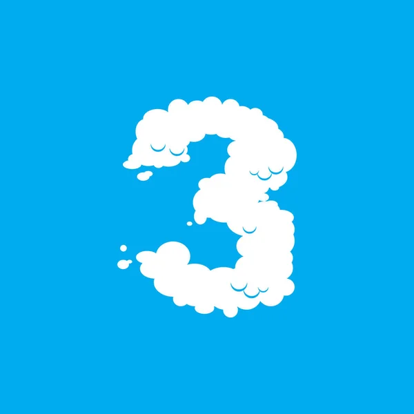 Number 3 cloud font symbol. White Alphabet sign three on blue sk — Stock Vector