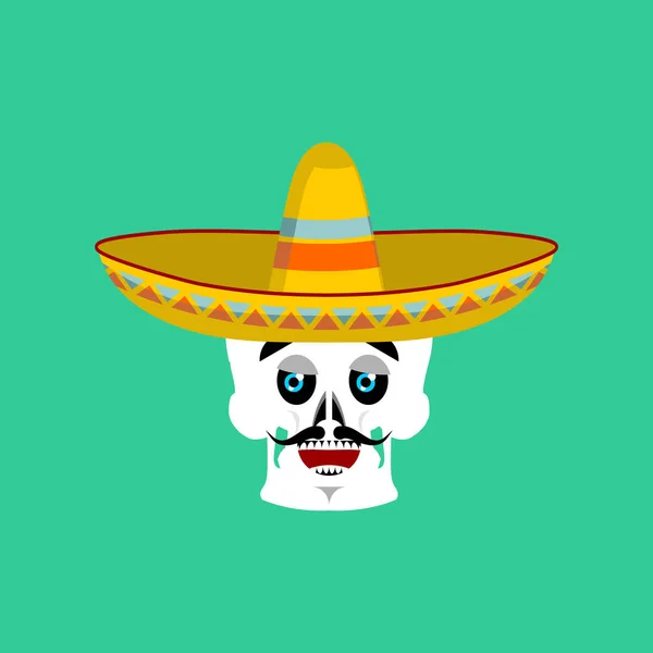Skull in sombrero happy Emoji. Mexican skeleton for traditional — Stock Vector
