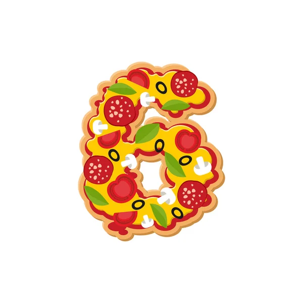 Nummer 6 pizza lettertype. Italiaanse maaltijd alfabet cijfer zes. Lettring — Stockvector