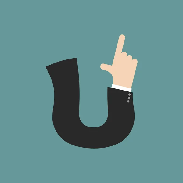U harfi işadamı el yazı tipi. Parmak baskı gösterir. Kol işaret — Stok Vektör