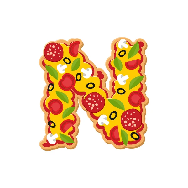 Letter N pizza lettertype. Italiaanse maaltijd alfabet. Lettring fastfood — Stockvector