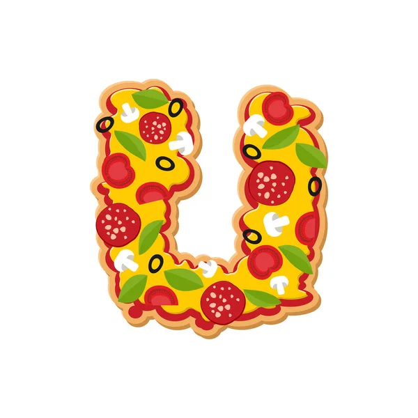 Bokstaven U pizza teckensnitt. Italiensk måltid alfabetet. Lettring snabbmat — Stock vektor