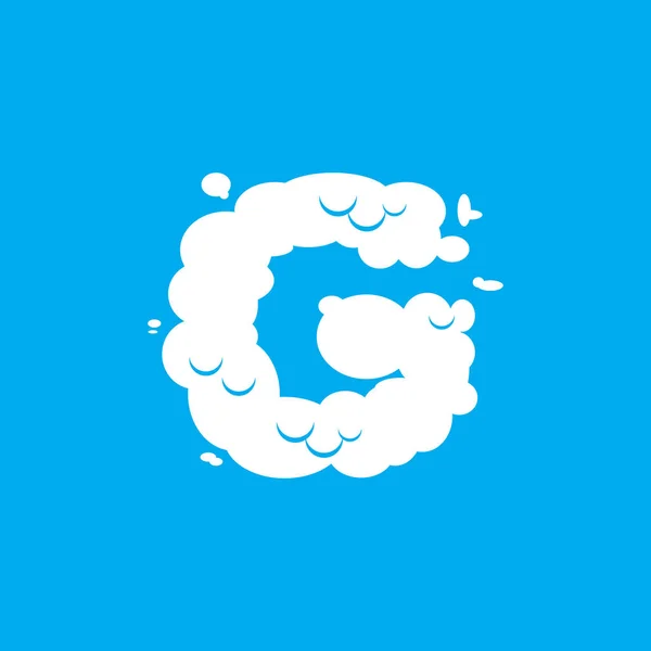 Letra G símbolo de fuente de nube. Signo del alfabeto blanco en el cielo azul — Vector de stock