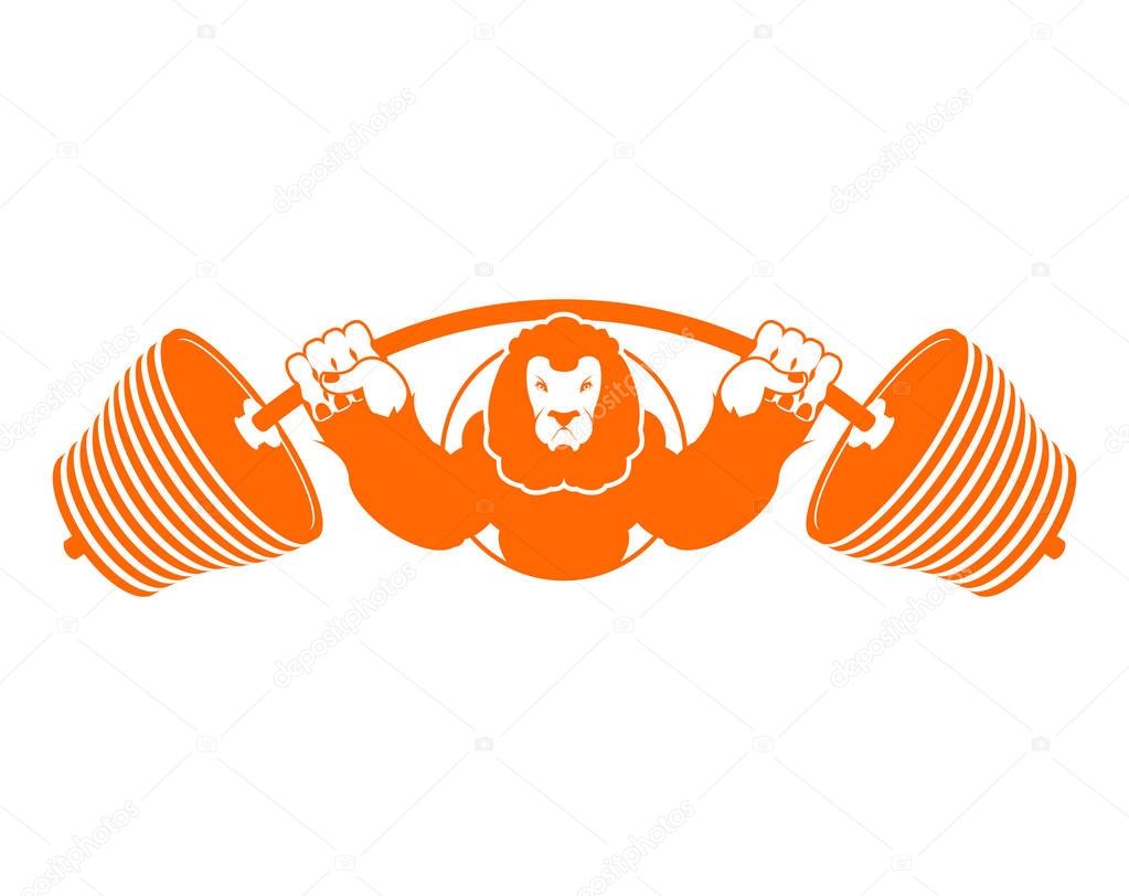 Strong lion emblem. Leo and barbell logo for gym and sports tea