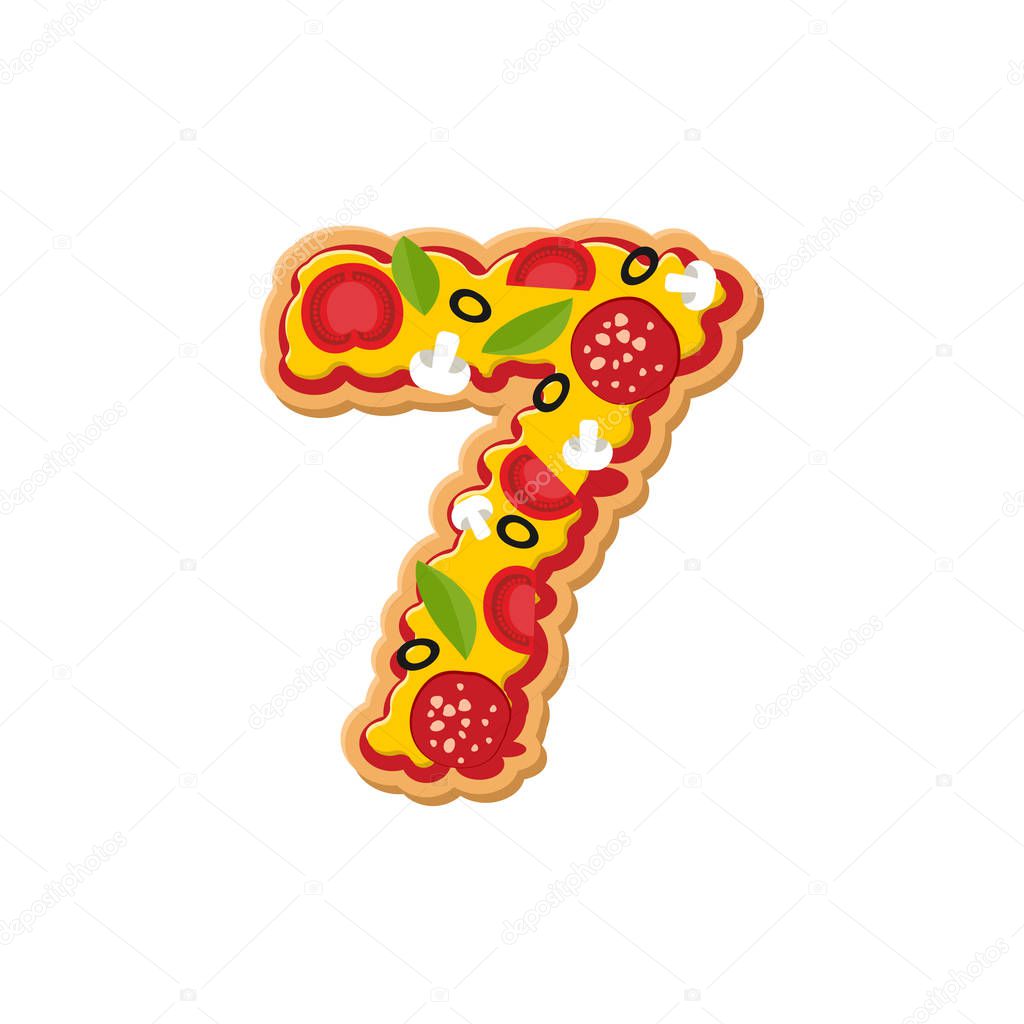 Number 7 pizza font. Italian meal alphabet numeral seven. Lettri