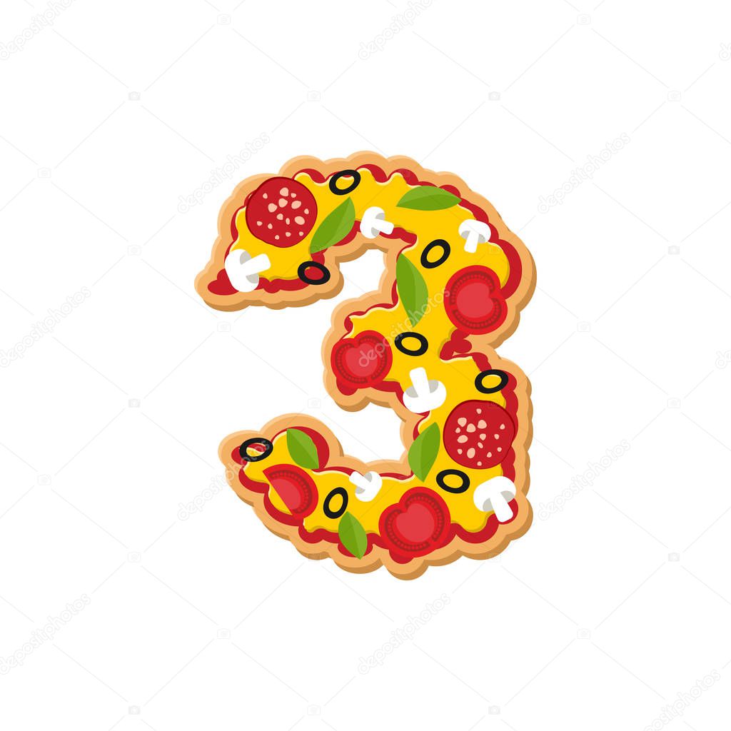 Number 3 pizza font. Italian meal alphabet numeral three. Lettri