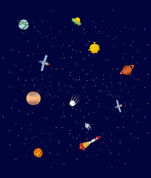 Espacio. Planetas y naves espaciales. OVNI y astronauta. Estrellas en el cosmos — Archivo Imágenes Vectoriales
