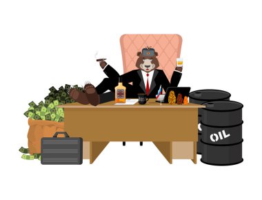 Russian oligarch sits at table and drinks whiskey. To smoke ciga clipart
