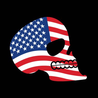 ABD kafatası. Baş iskeleti ve Amerika bayrağı. Eğlenceli amblemi