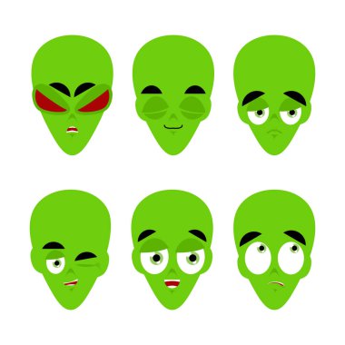 Yeşil uzaylı emoji. duygu ayarlayın. Agresif ve iyi Ufo yüz. Su