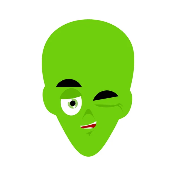 Зеленый инопланетянин подмигивает Эмодзи. НЛО лицо счастливые эмоции — стоковый вектор