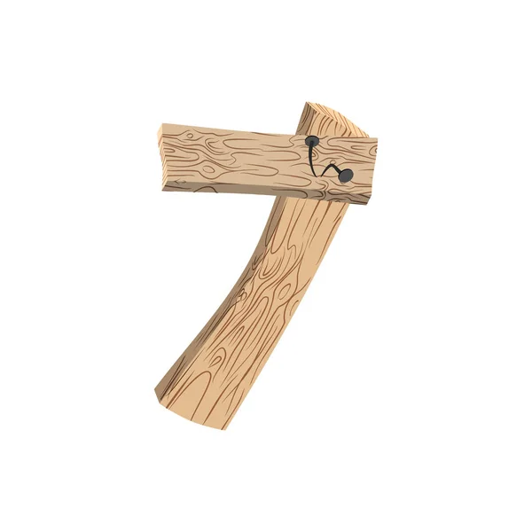 Número 7 wood board font. Siete símbolos de tablón y clavos alfabeto . — Vector de stock