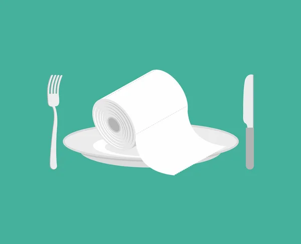 Toilet paper on plate. toilet roll on dish. Knife and fork — Stock Vector