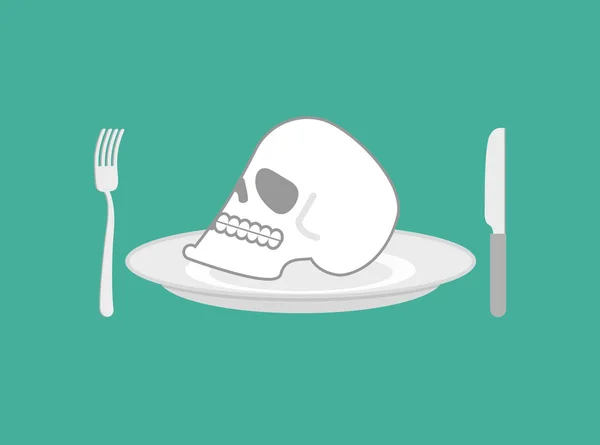 Calavera en plato. Cabeza de esqueleto en plato. Cuchillo y tenedor — Vector de stock