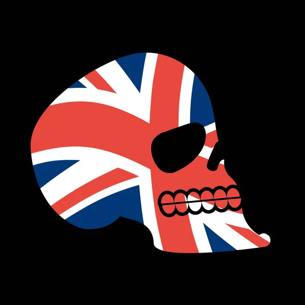 Calavera británica. Jefe de esqueleto y bandera británica. emblema del ventilador — Vector de stock