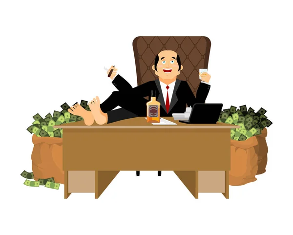 Un uomo ricco siede a tavola e beve whisky. Per fumare sigari. pluto — Vettoriale Stock