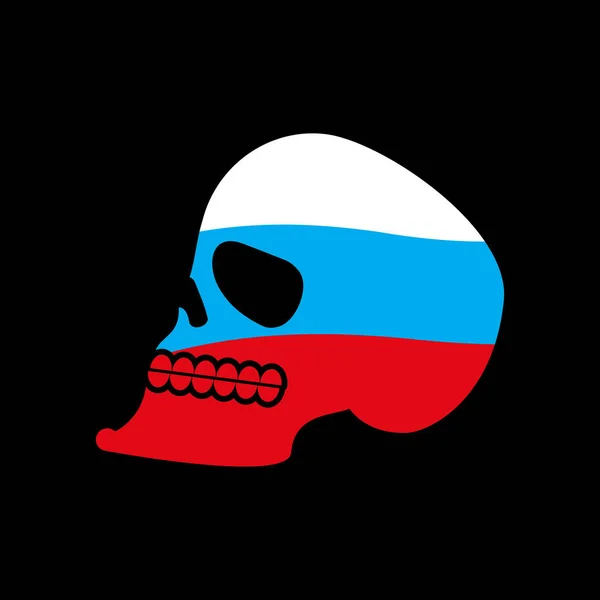 Cráneo de Rusia. Jefe de esqueleto y bandera rusa. Divertido emblema — Vector de stock