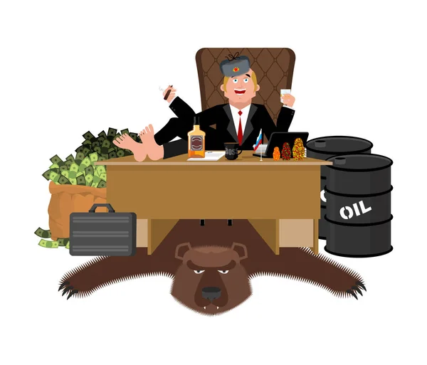 Rosyjski oligarcha siedzi przy stole i pije whisky. Do pali papierosa — Wektor stockowy