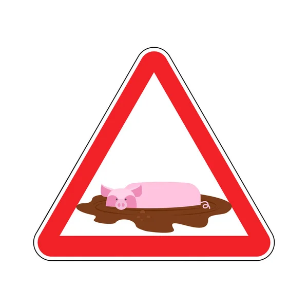 De aandacht is onrein. waarschuwing Road sign varkens in de modder. Let op vuile. — Stockvector