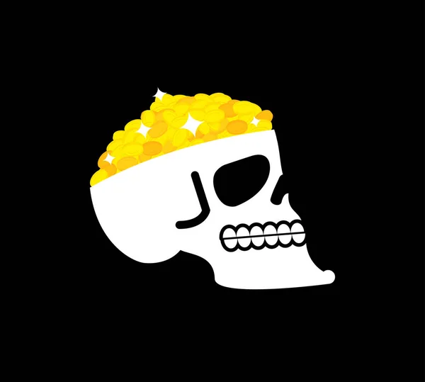 Calavera con oro. ataúd pirata. cabeza de esqueleto y moneda de oro — Archivo Imágenes Vectoriales