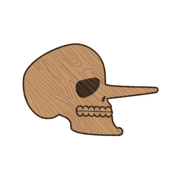 Calavera Pinocho. Cabeza de esqueleto de madera aislada sobre fondo blanco — Vector de stock