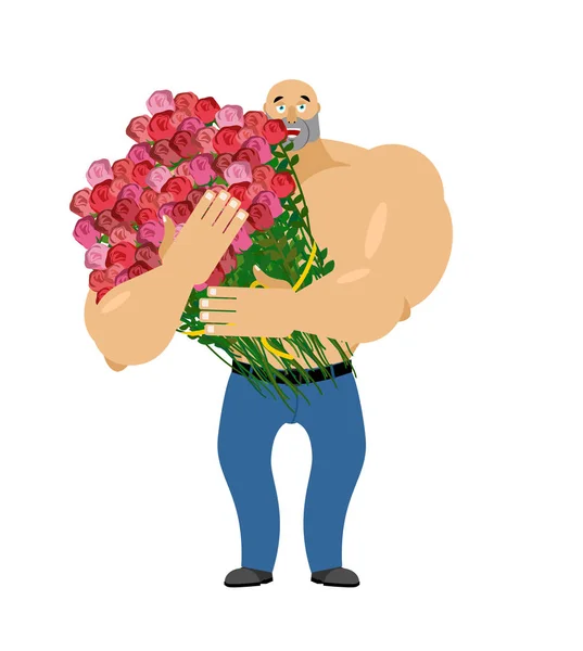 Homme et grand bouquet de roses. Le gars félicite. Accueil universel — Image vectorielle