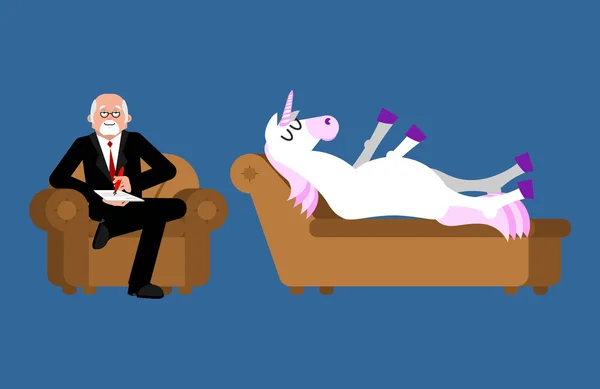 Unicorno con psicologo. Consultazione dello psicoterapeuta — Vettoriale Stock