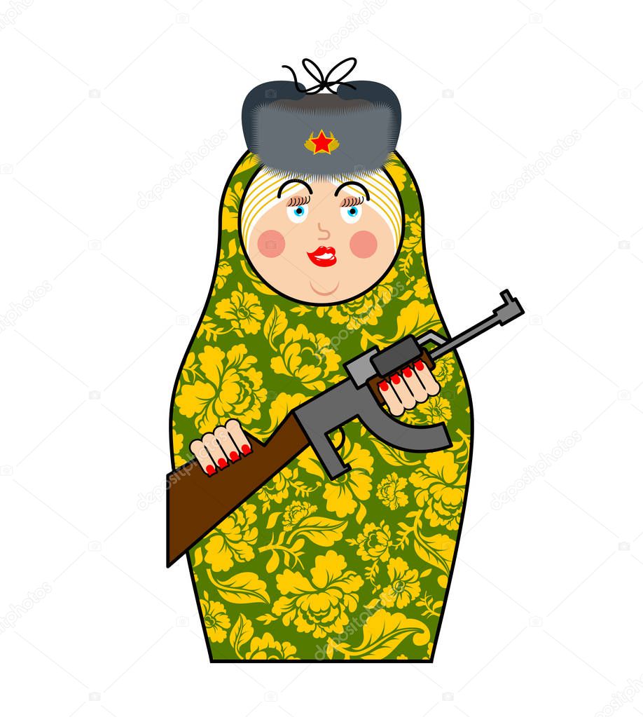 Military Matrioshka with gun. New Russian folk Nested doll. Nati